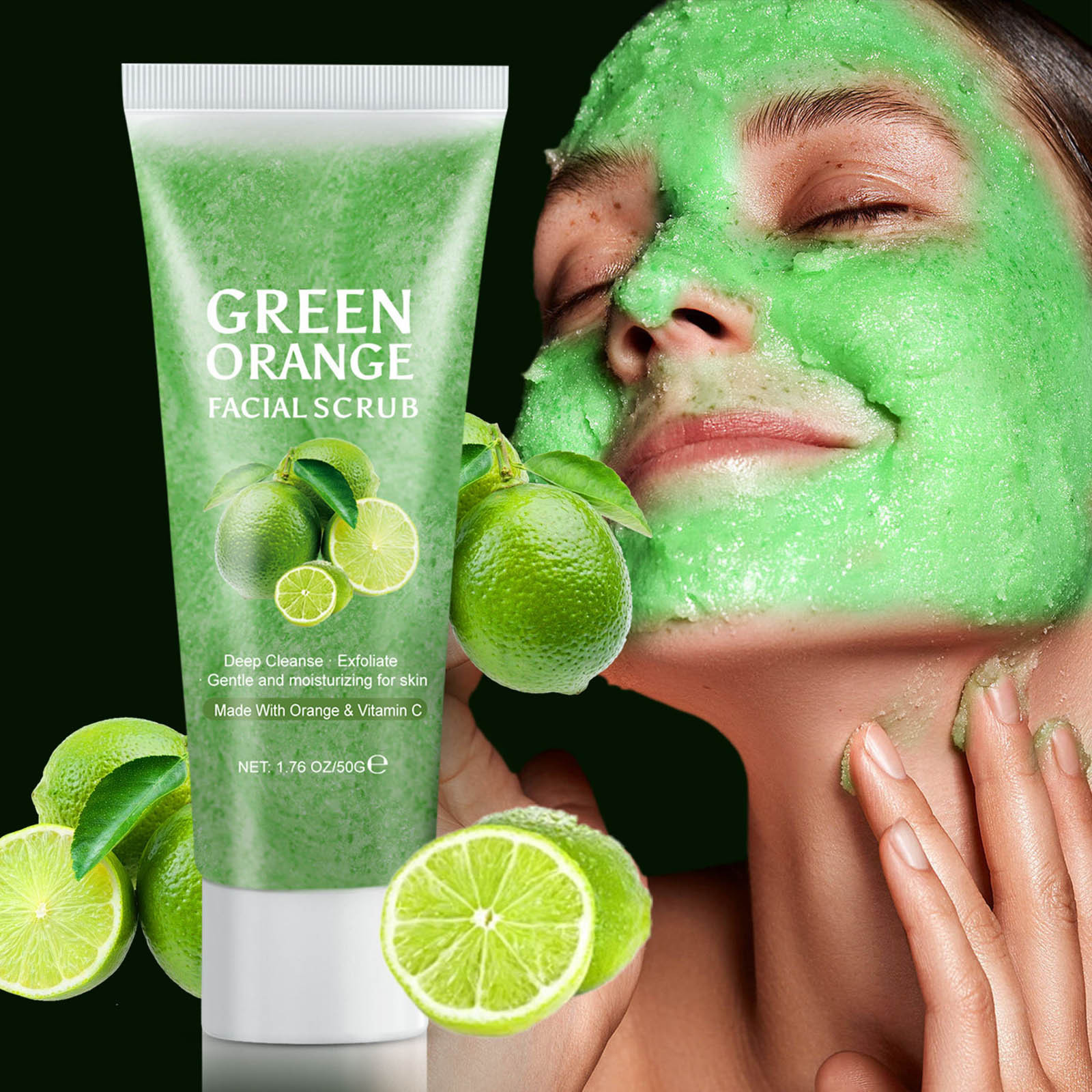 Green Tangerine Vitamin C Facial Scrub - Exfoliating Cream with Microdermabrasion, 50g Gentle Face \u0026 Body Scrub for Sensitive Skin - Brightening, Moisturizing, Travel Size (1 Pc)